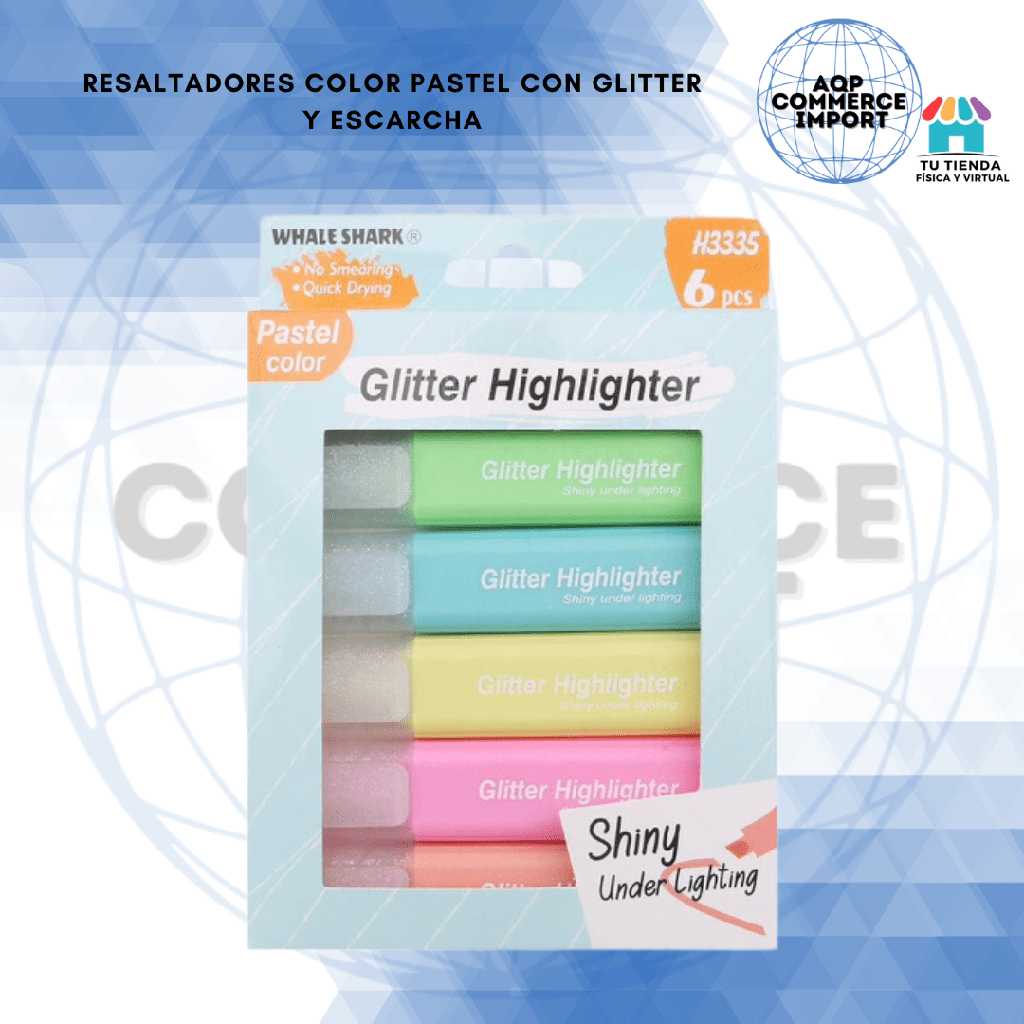 RESALTADORES COLOR PASTEL CON GLITTER Y ESCARCHA    
6 UNDS