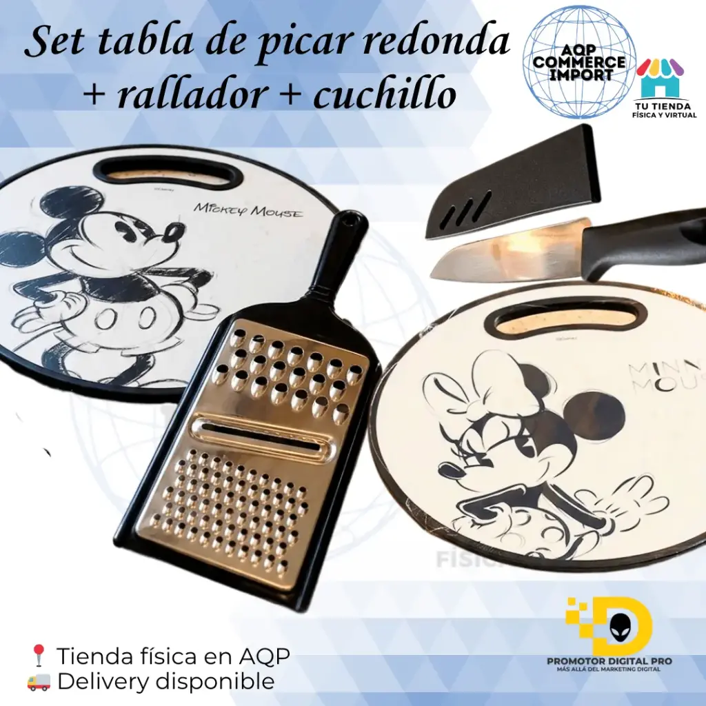 SET TABLA DE PICAR REDONDA + RALLADOR + CUCHILLO