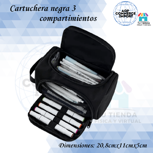 CARTUCHERA NEGRA 3 COMPARTIMIENTOS
